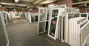 Photo of some of the windows in stock at Overhauser's Outlet.